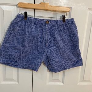 Well-worn men’s large Chubbys shorts faded blue phrases writing zip front